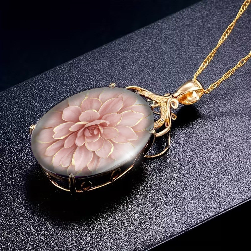 Pink Dahlia Glass Pendant Necklace