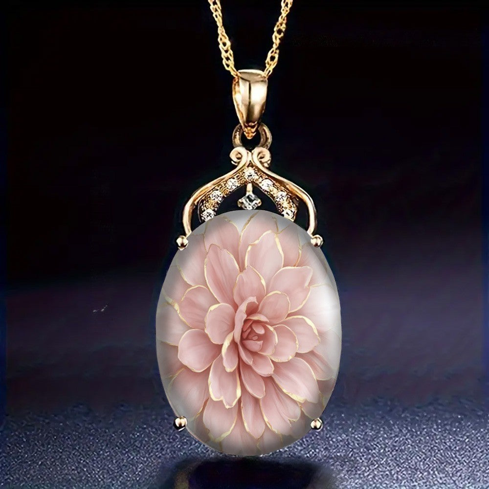 Pink Dahlia Glass Pendant Necklace