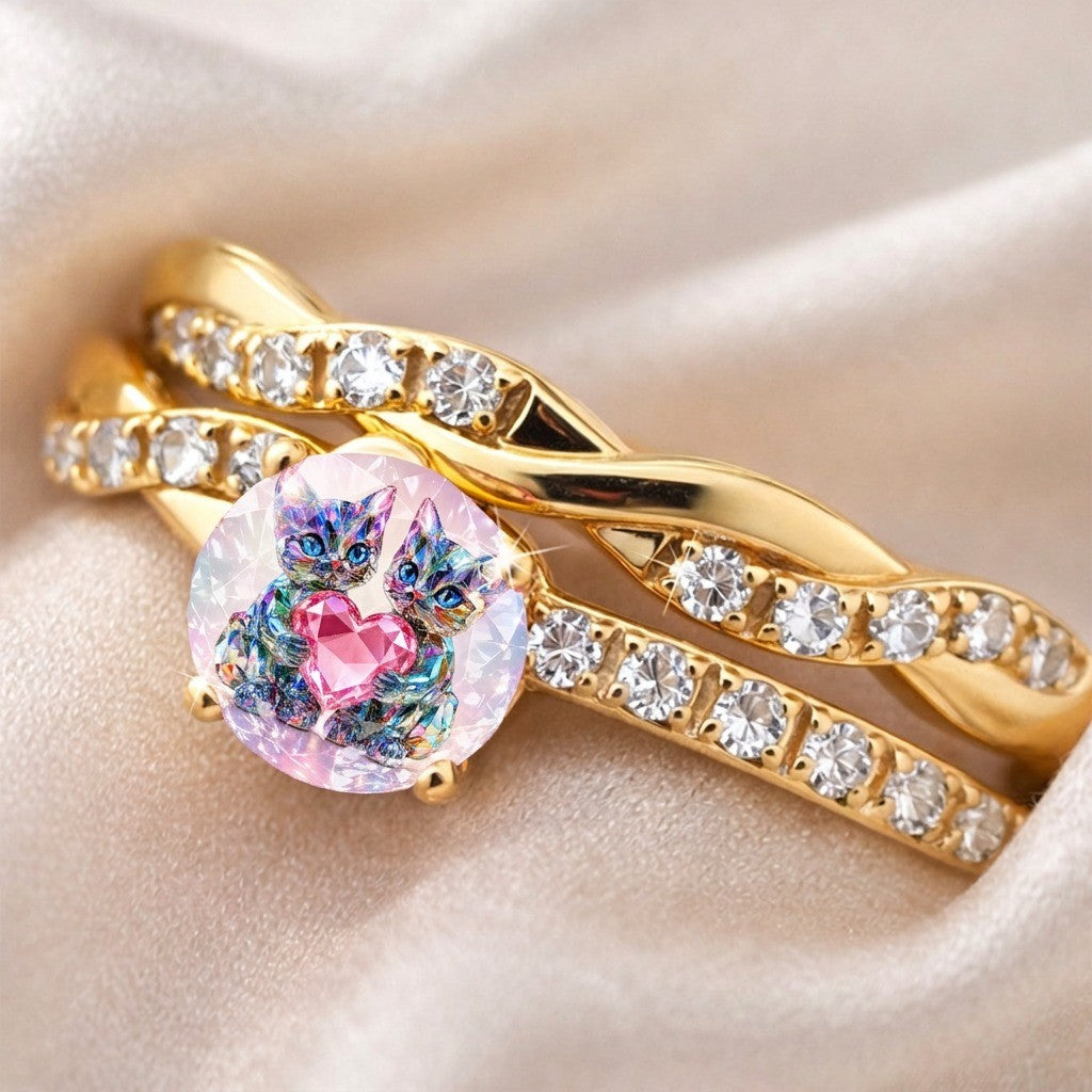 Twisted Band Cat & Heart Ring