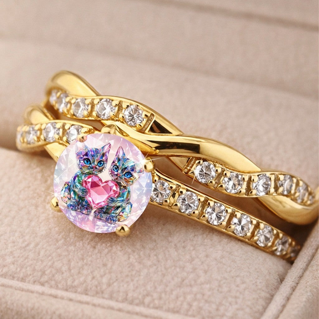 Twisted Band Cat & Heart Ring