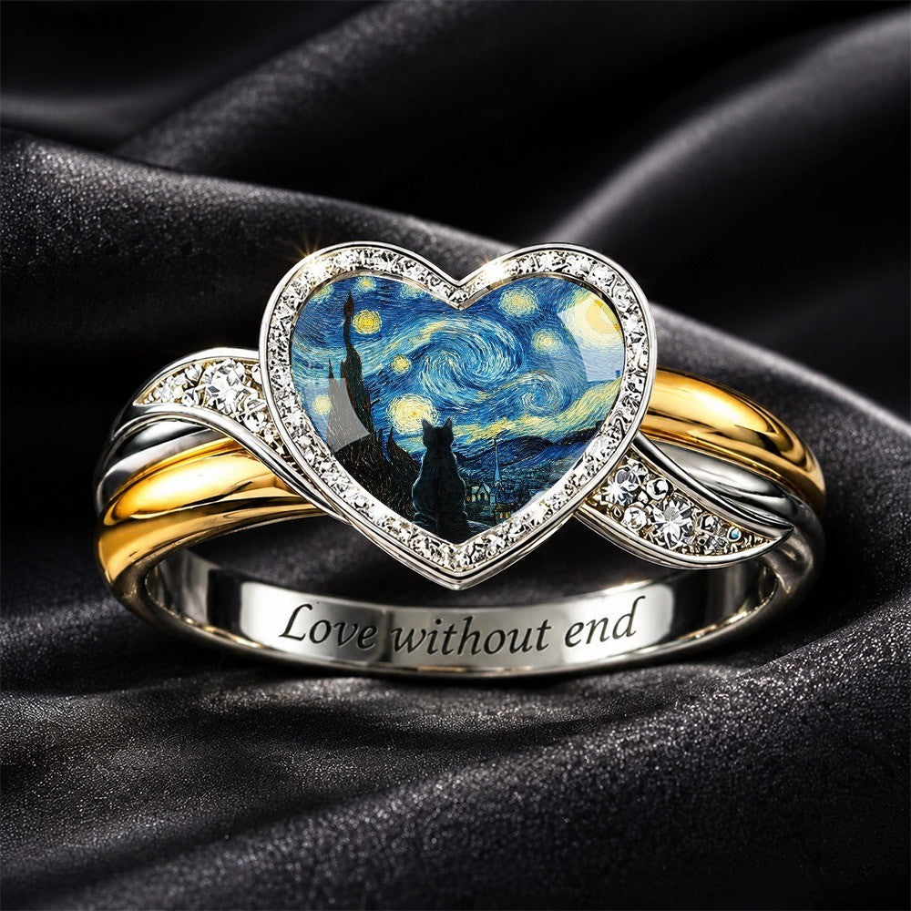 Starry Night Cat Heart Ring