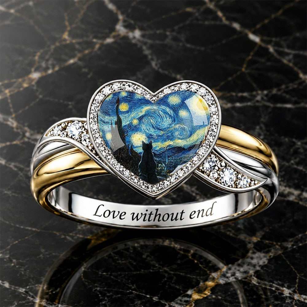Starry Night Cat Heart Ring