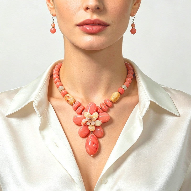 Coral Floral Beaded Necklace & Earring Set