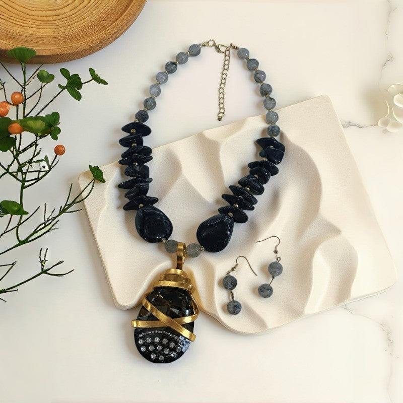 Stone Chip & Cage Pendant Necklace Set