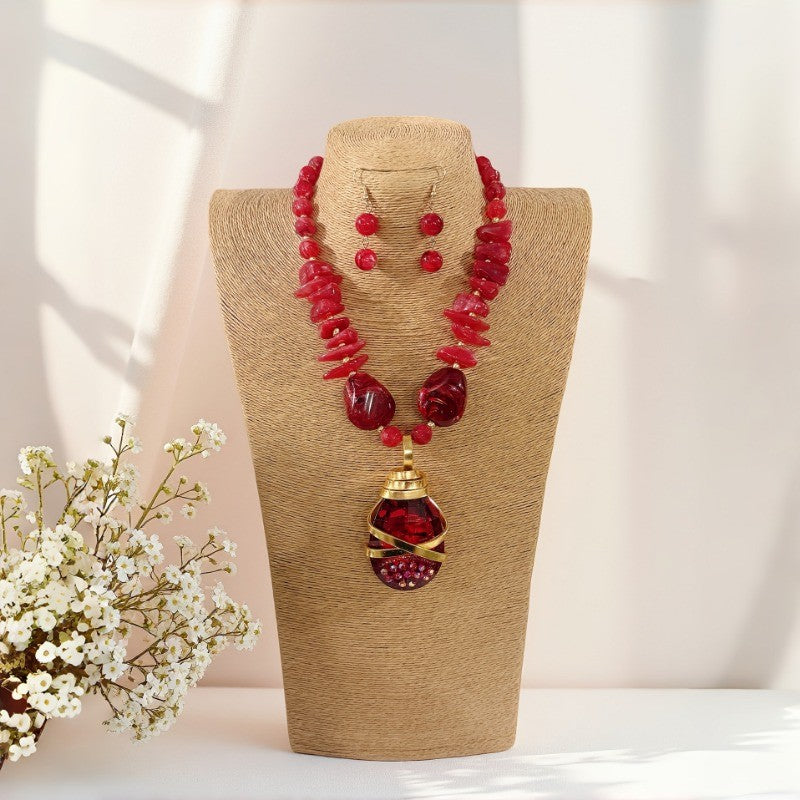 Stone Chip & Cage Pendant Necklace Set