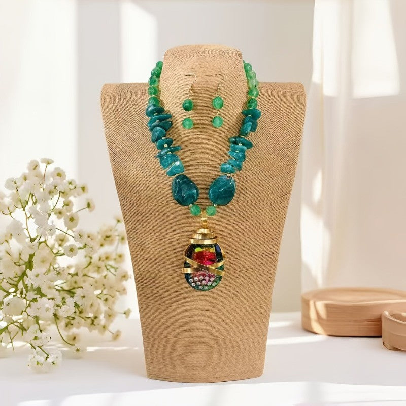 Stone Chip & Cage Pendant Necklace Set