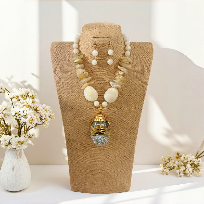 Stone Chip & Cage Pendant Necklace Set
