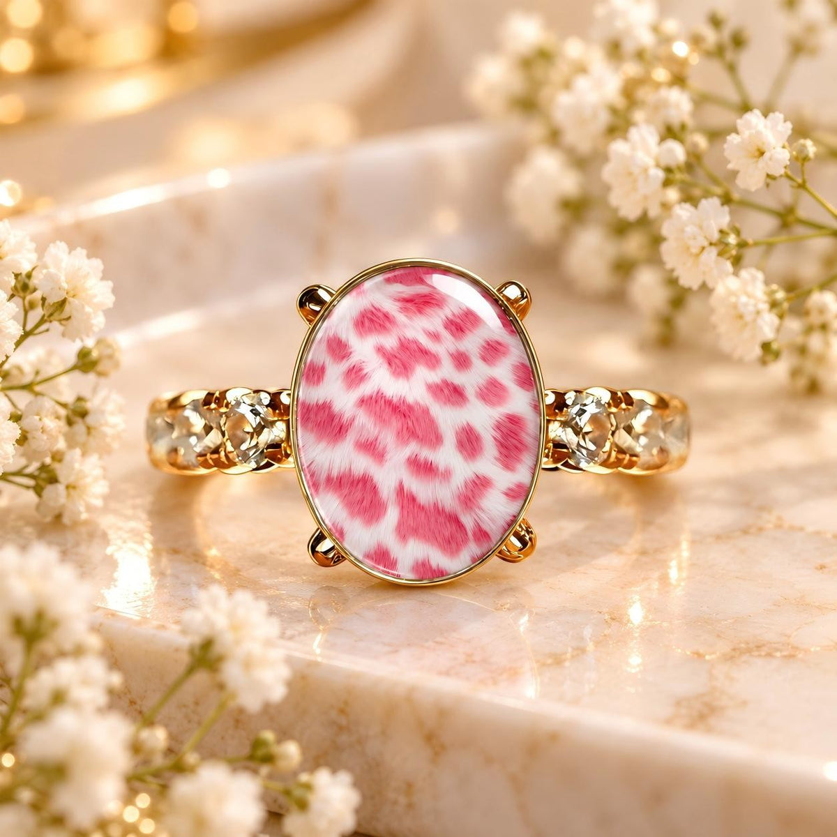 Pink Leopard Oval Crystal Accent Ring