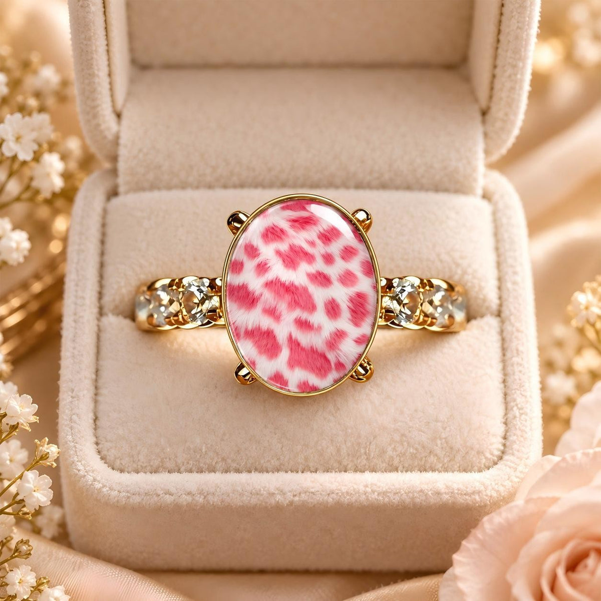 Pink Leopard Oval Crystal Accent Ring