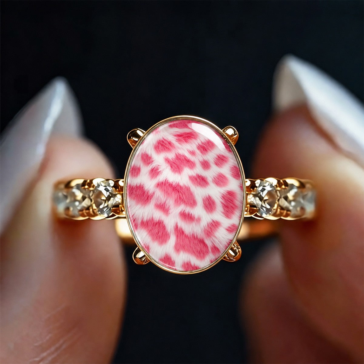 Pink Leopard Oval Crystal Accent Ring