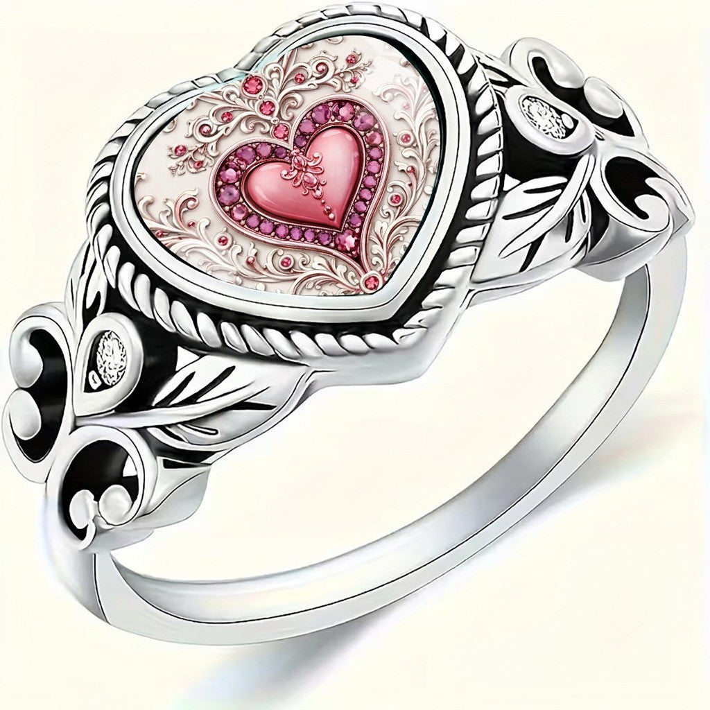 Pink Heart Scrollwork Statement Ring