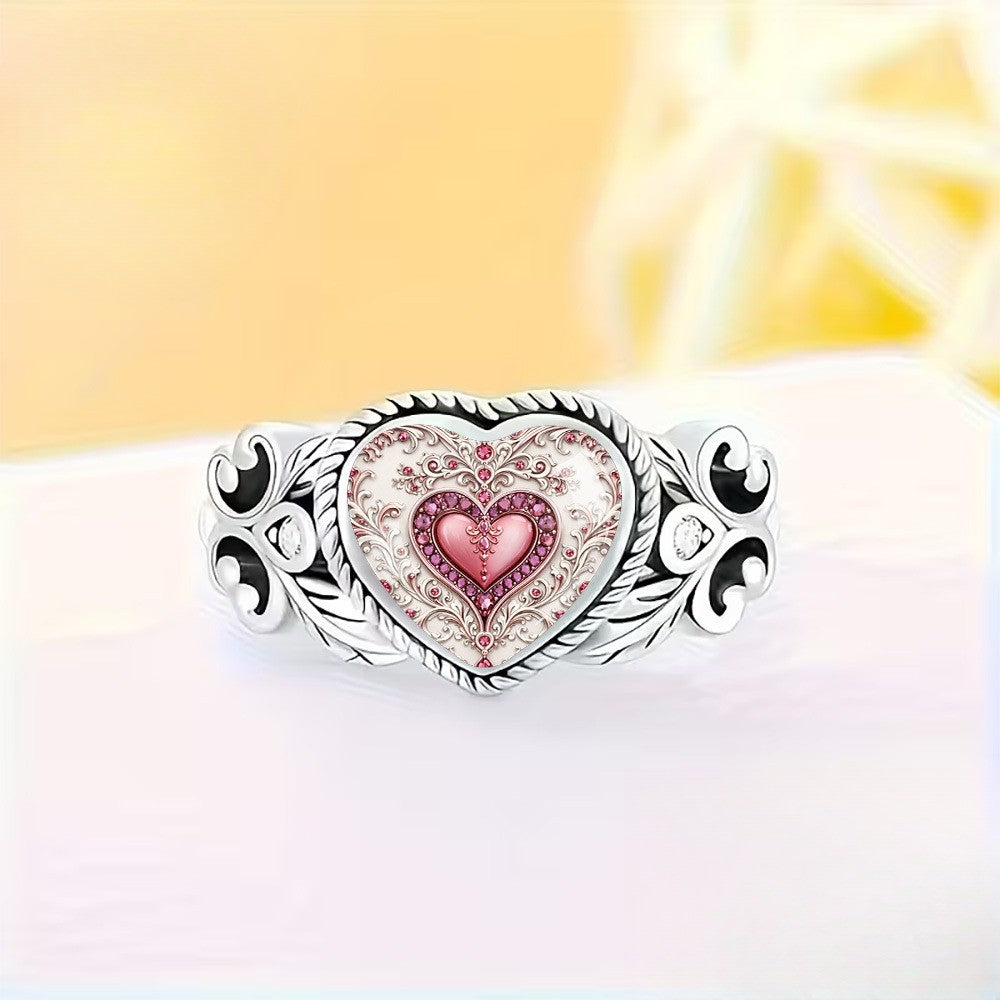 Pink Heart Scrollwork Statement Ring