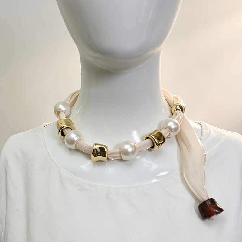 Black Ribbon Pearl Tie Necklace
