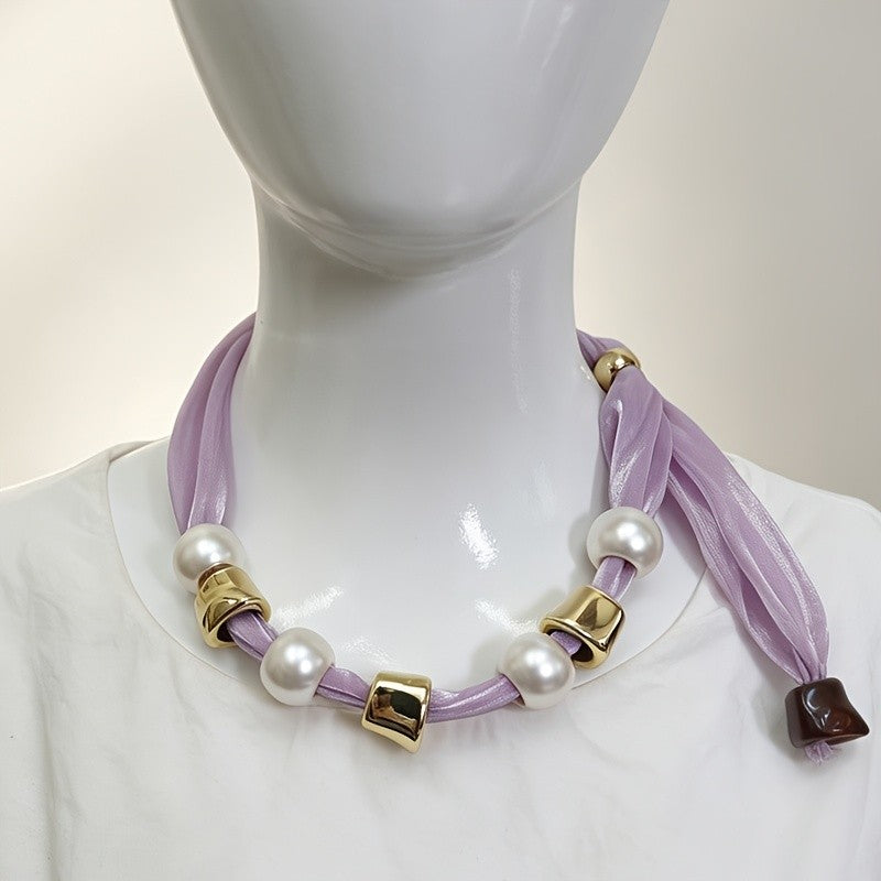 Black Ribbon Pearl Tie Necklace