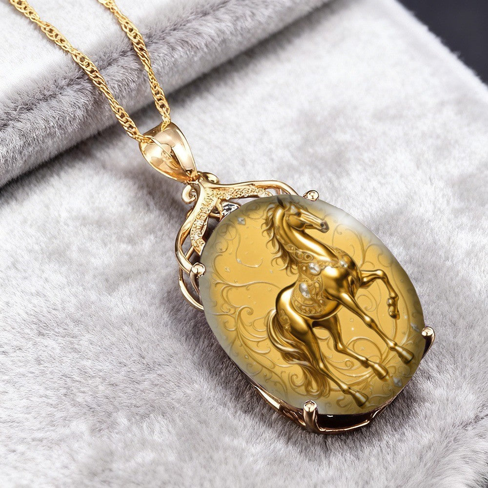 Golden Horse Oval Pendant Necklace