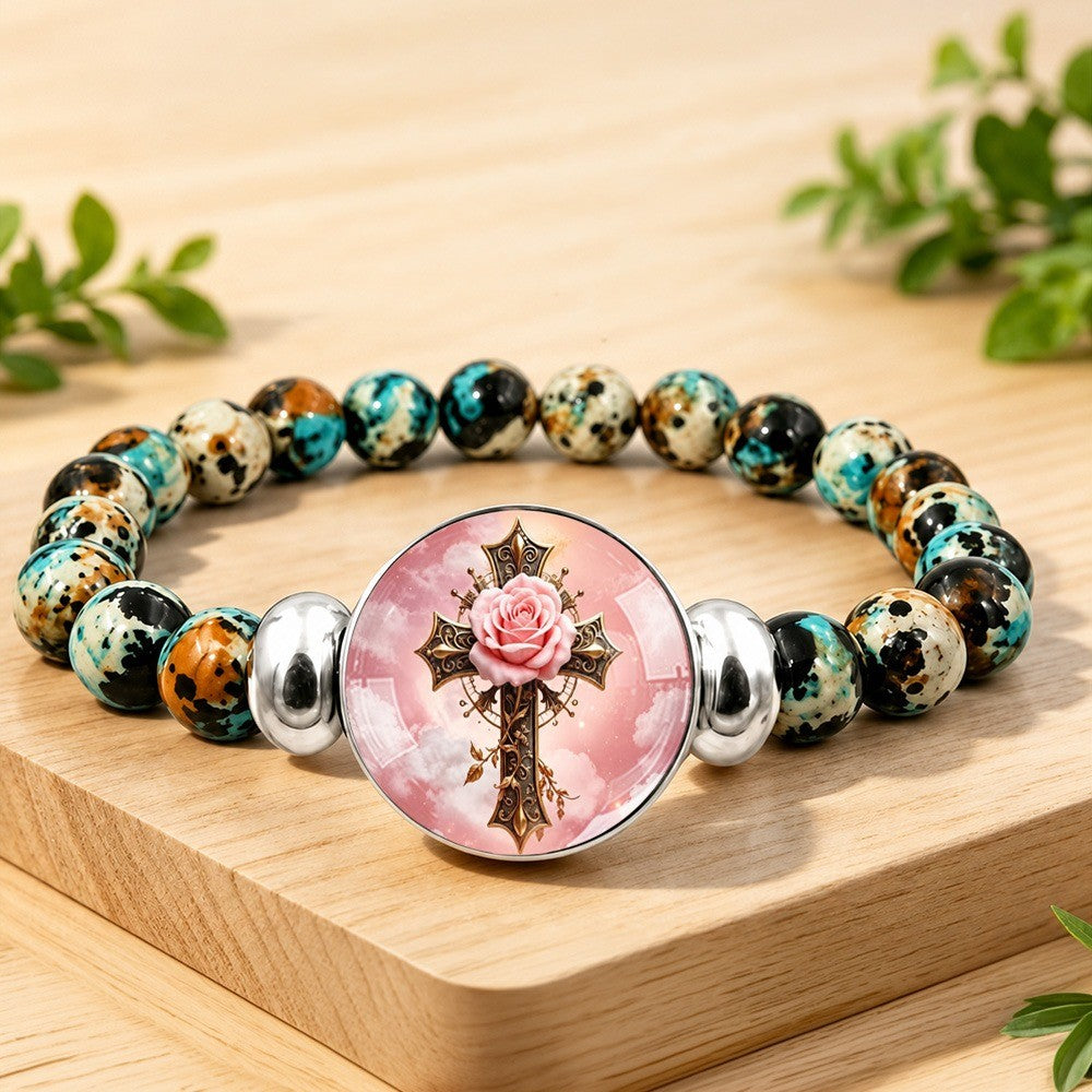 Pink Rose Cross Bead Bracelet