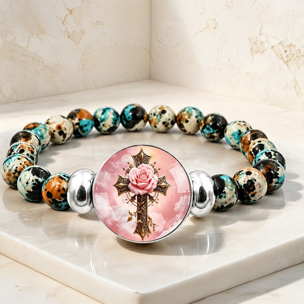 Pink Rose Cross Bead Bracelet