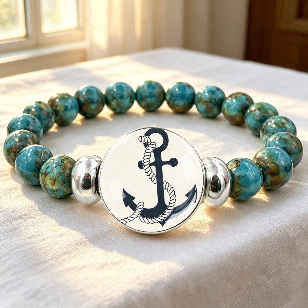 Turquoise Anchor Charm Bead Bracelet