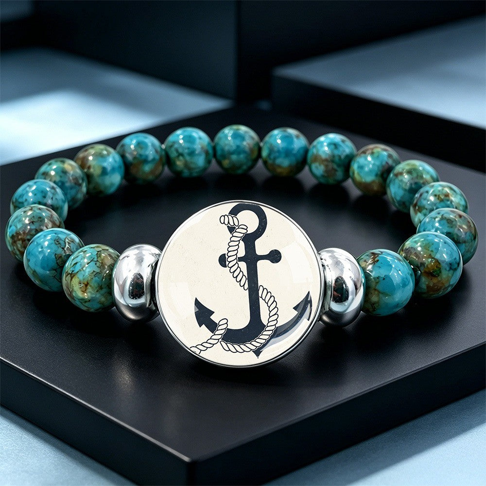 Turquoise Anchor Charm Bead Bracelet