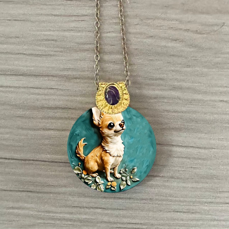 Teal Chihuahua Medallion Necklace