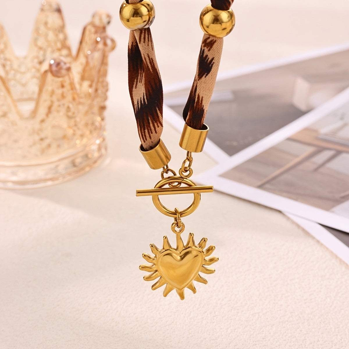 Leopard Print Sunburst Heart Necklace