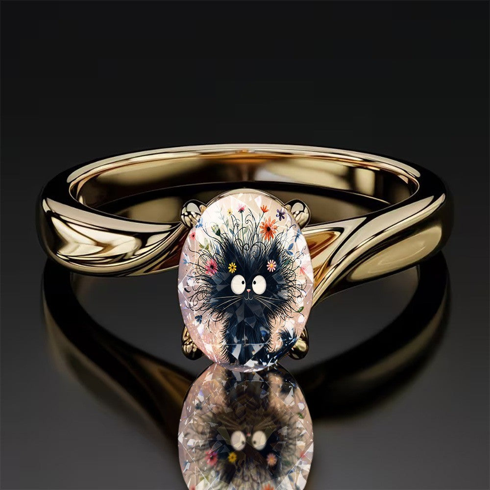 Floral Black Cat Oval Ring
