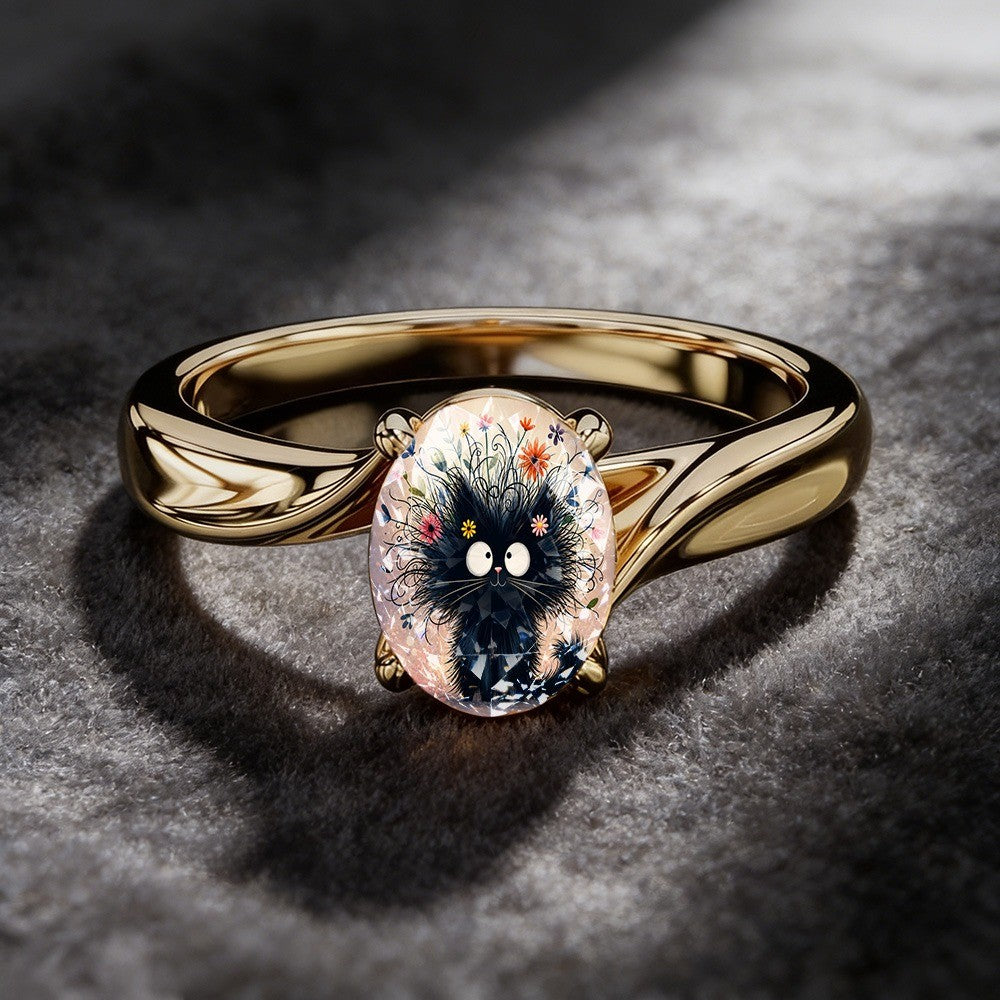 Floral Black Cat Oval Ring