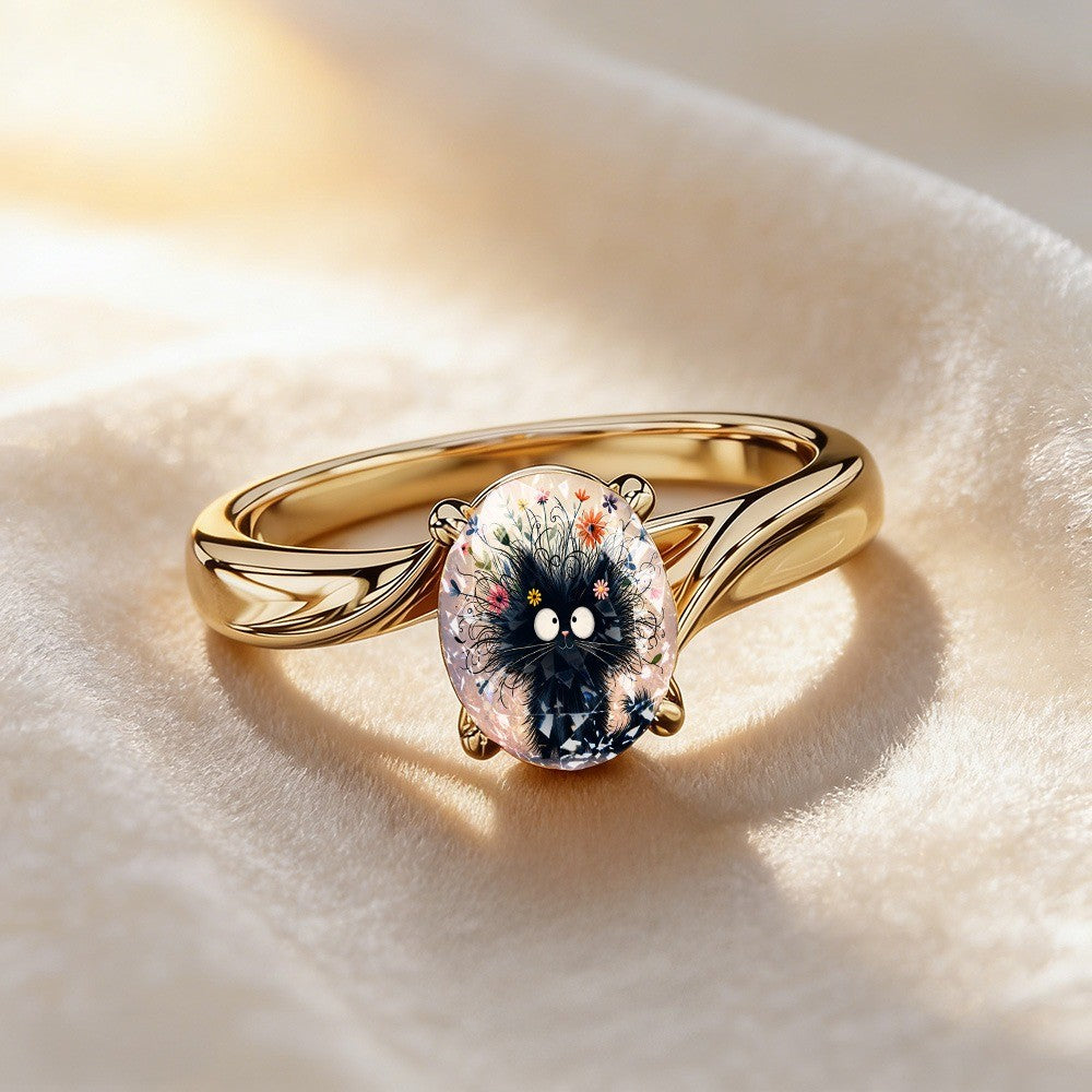 Floral Black Cat Oval Ring