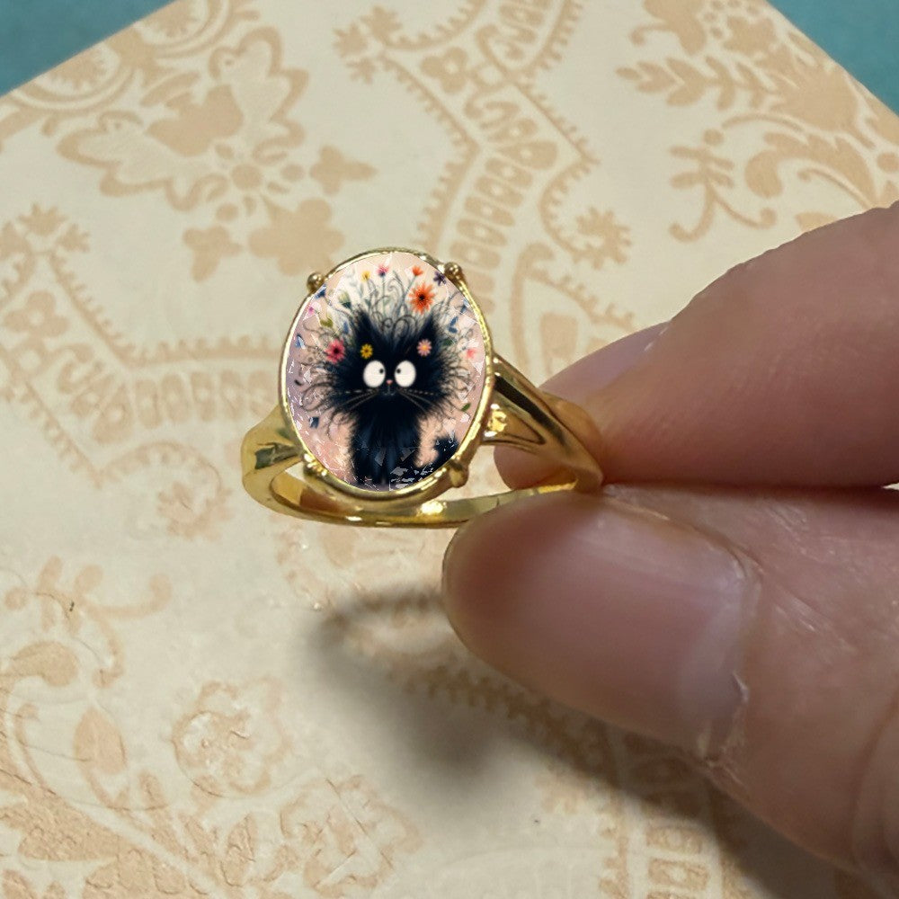 Floral Black Cat Oval Ring