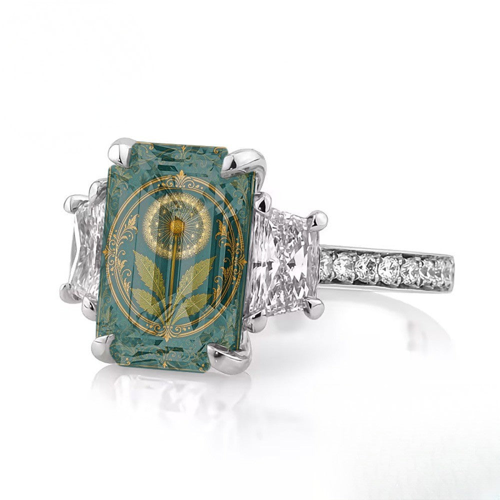 Teal Dandelion Crystal Square Ring