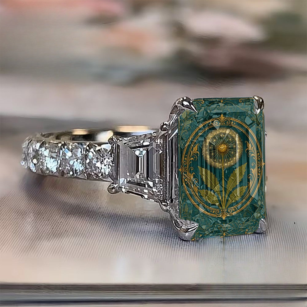 Teal Dandelion Crystal Square Ring