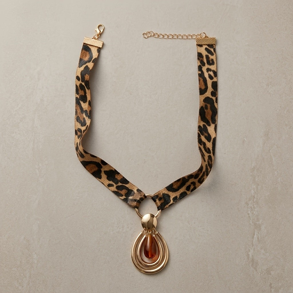 Leopard Ribbon Teardrop Necklace