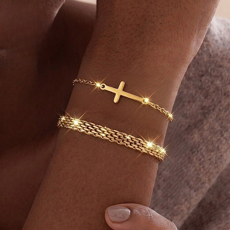 Cross & Woven Chain Bracelet Set