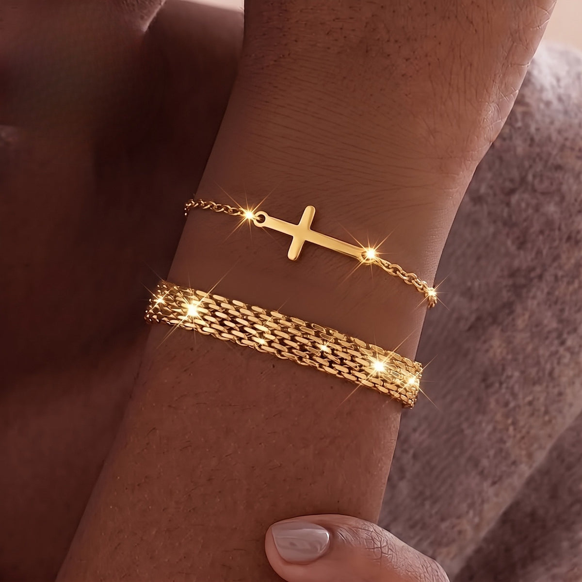 Cross & Woven Chain Bracelet Set
