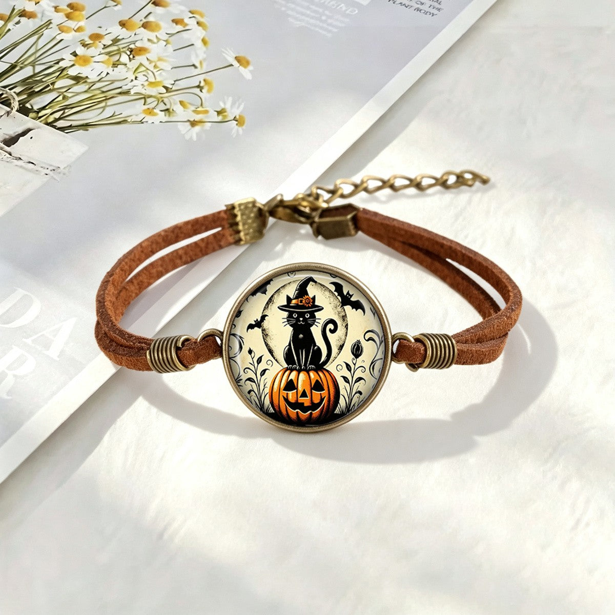 Black Cat & Pumpkin Cabochon Bracelet