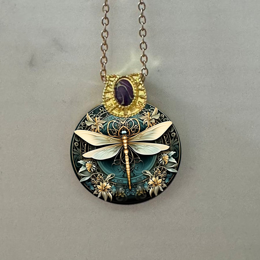 Teal Dragonfly Medallion Necklace
