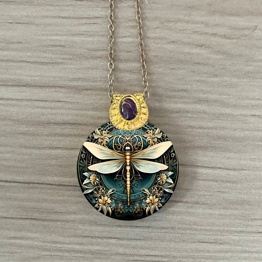 Teal Dragonfly Medallion Necklace