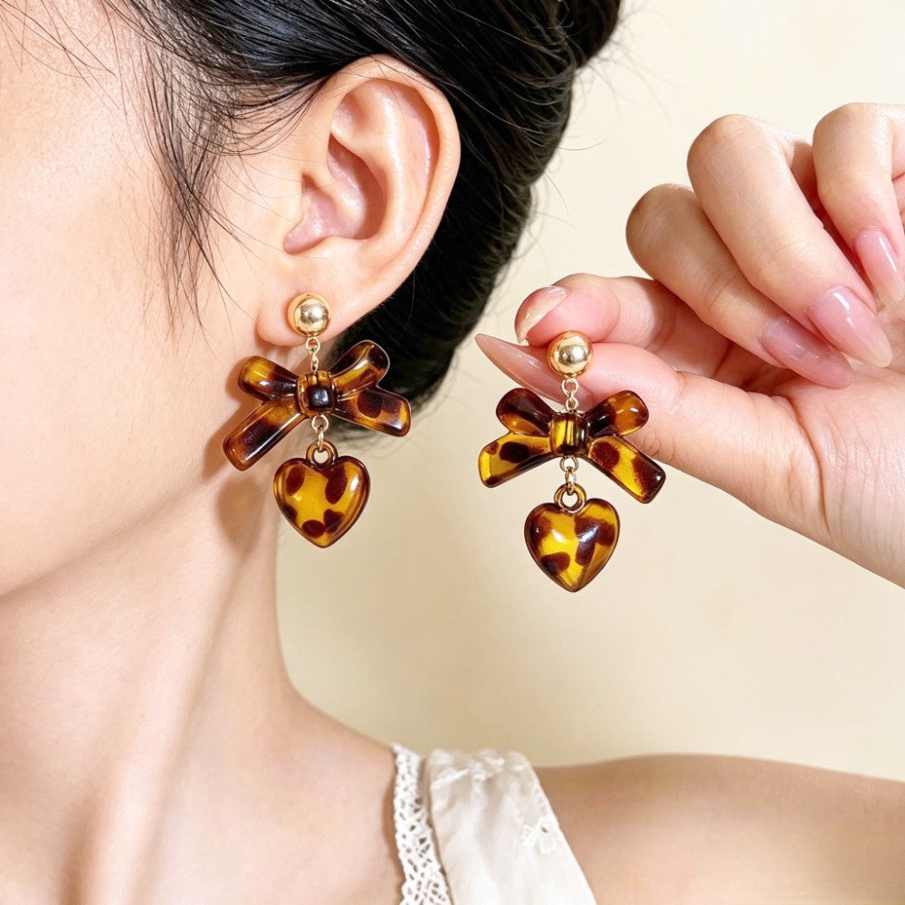 Tortoise Bow & Heart Drop Earrings