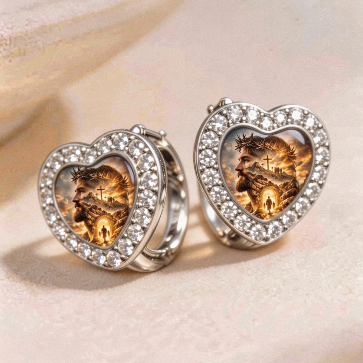 Pave Heart Religious Scene Huggie Earrings