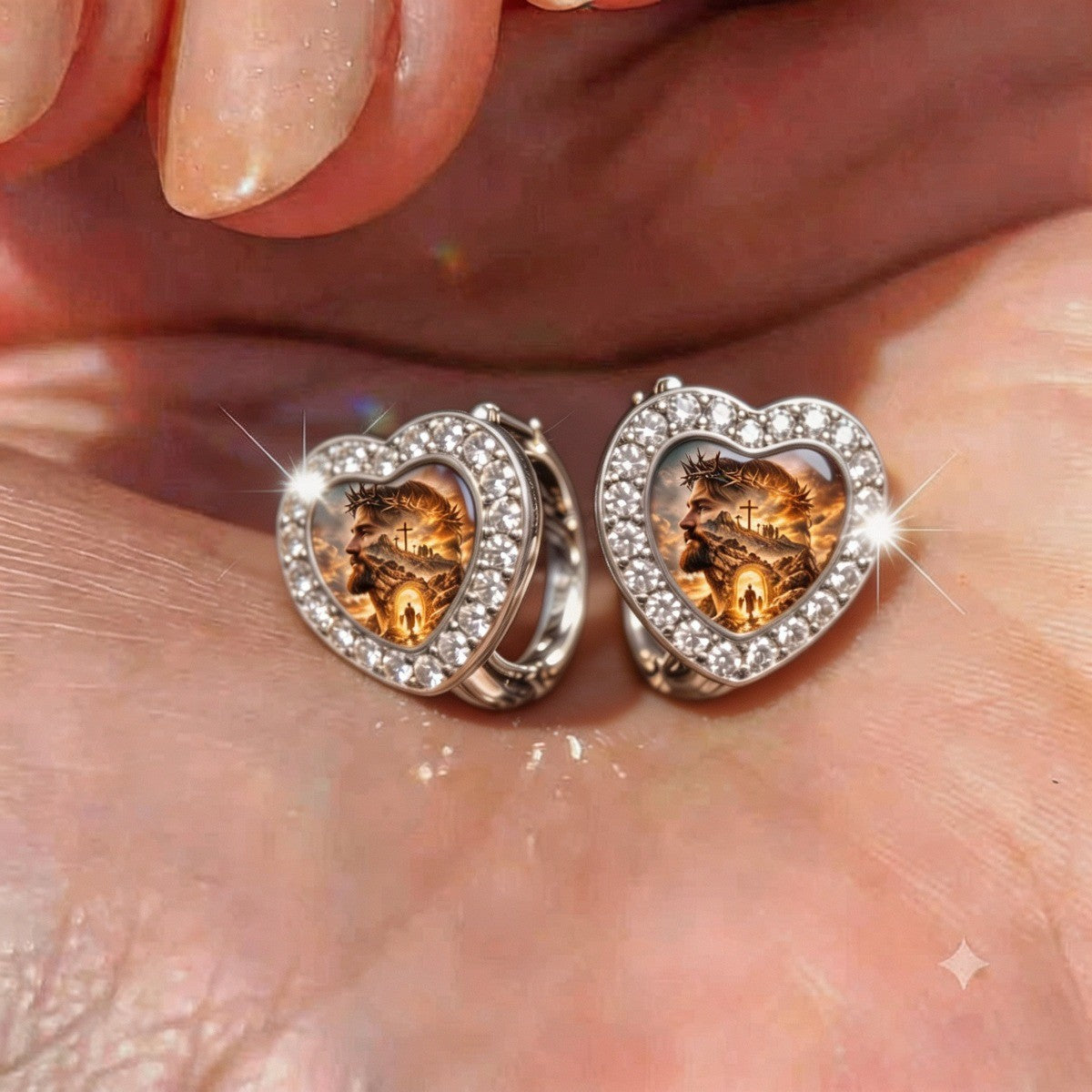 Pave Heart Religious Scene Huggie Earrings