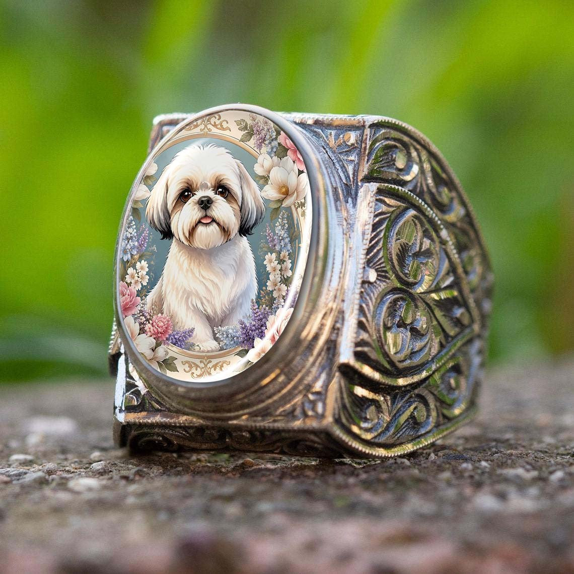 Shih Tzu Floral Oval Ring