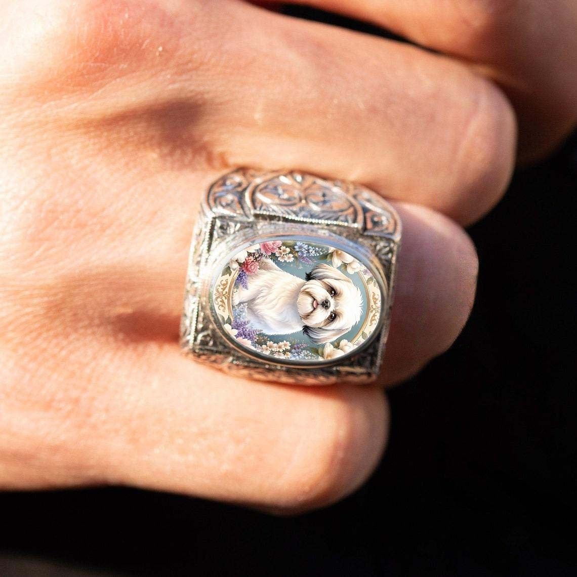 Shih Tzu Floral Oval Ring