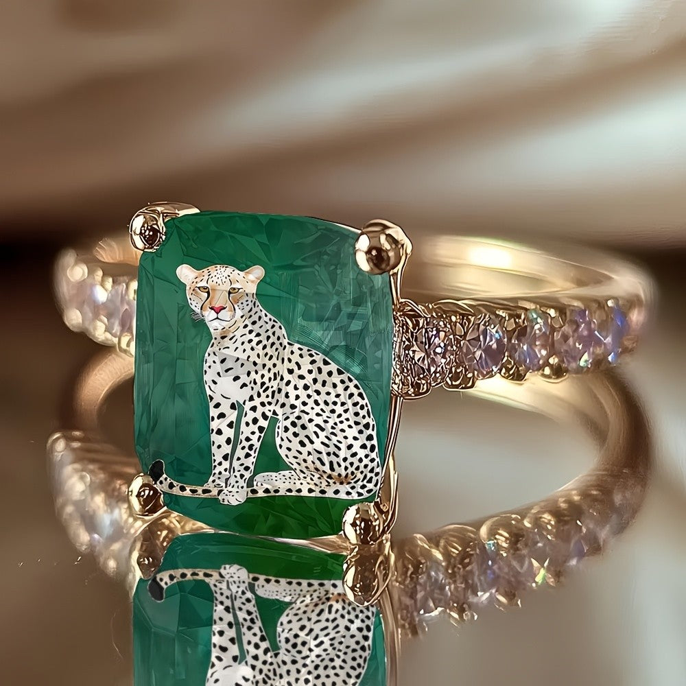Seated Leopard Emerald Square Ring