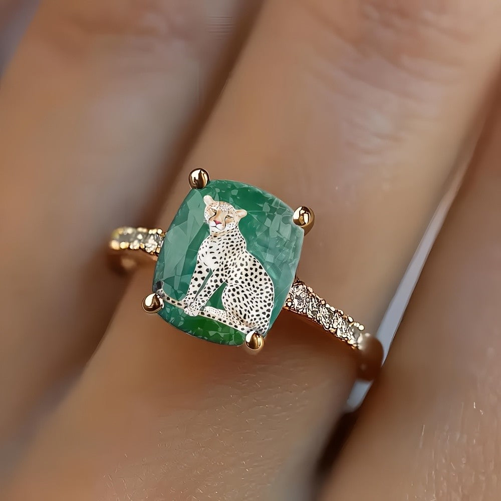 Seated Leopard Emerald Square Ring