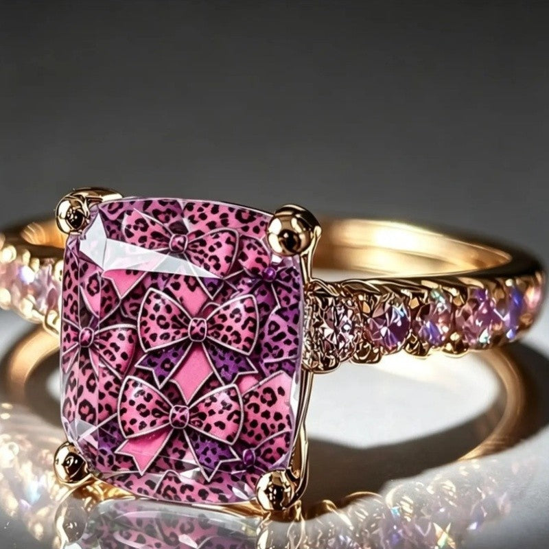 Pink Leopard Bow Square Ring
