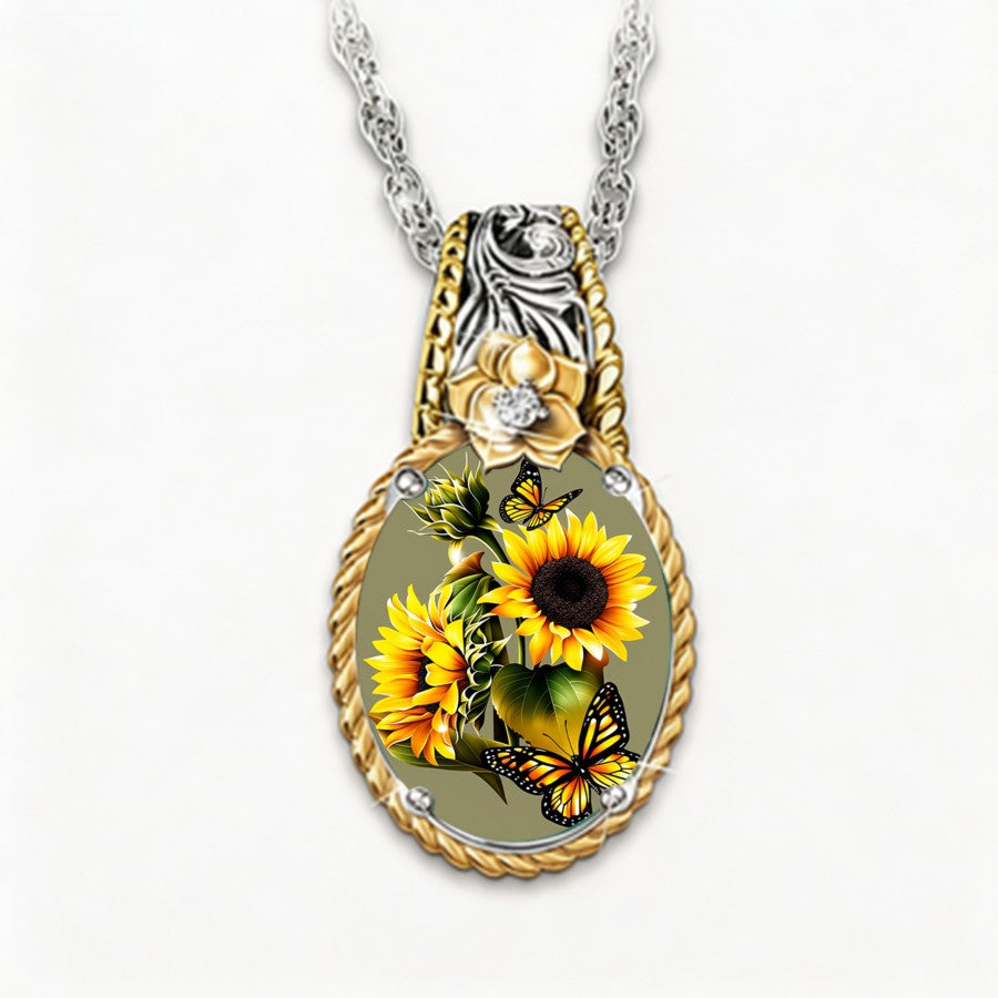 Two-Tone Sunflower & Butterfly Oval Pendant Necklace