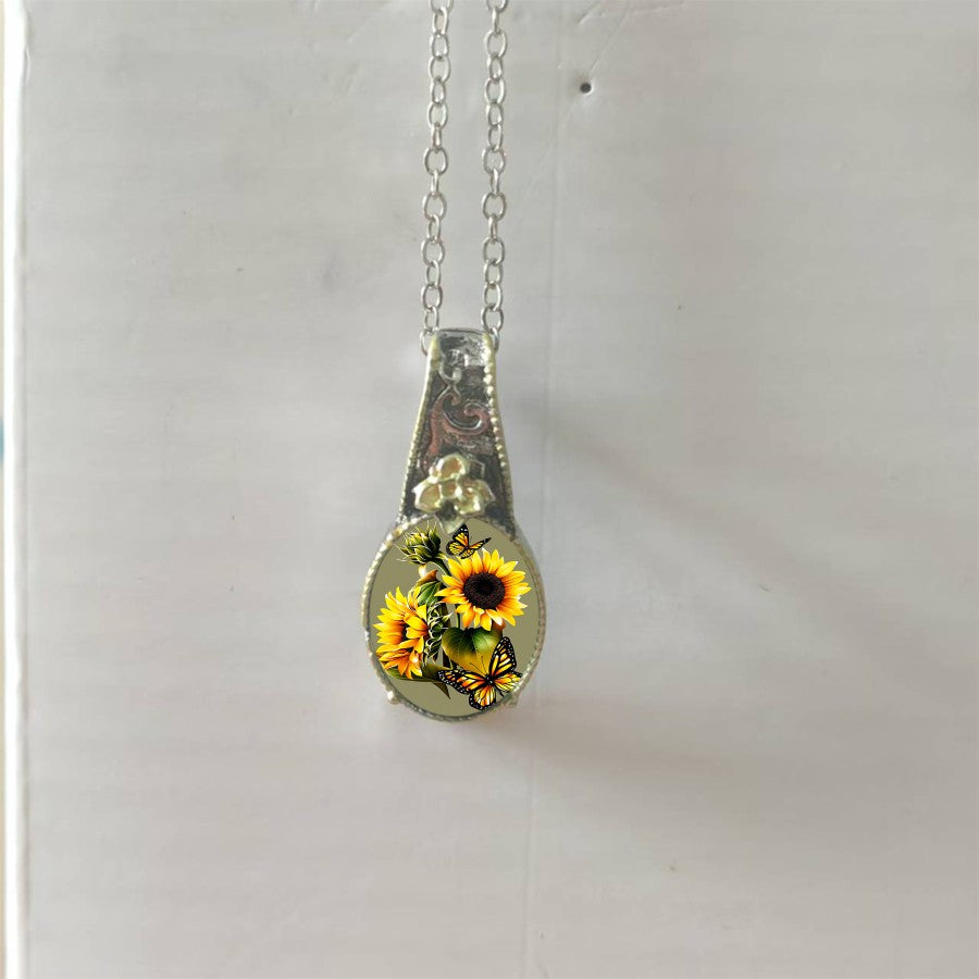 Two-Tone Sunflower & Butterfly Oval Pendant Necklace