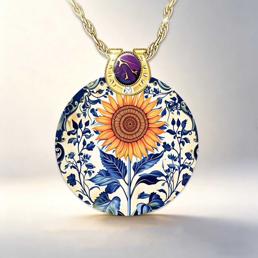 Blue Floral Sunflower Disc Necklace