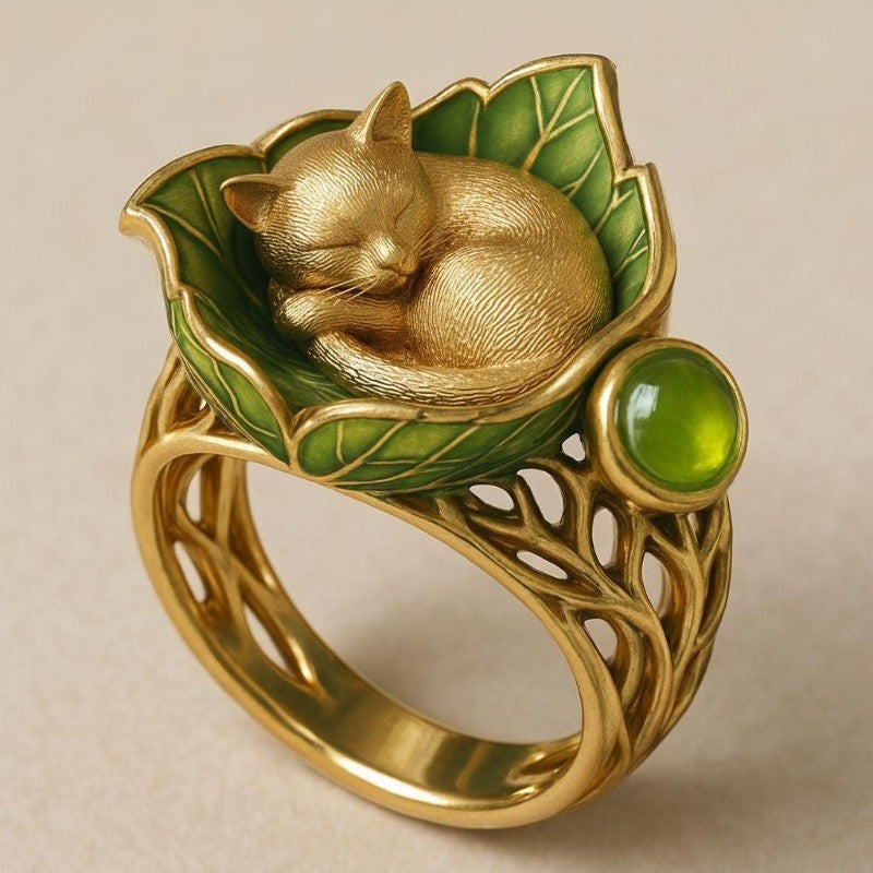 Sleeping Cat Leaf Ring