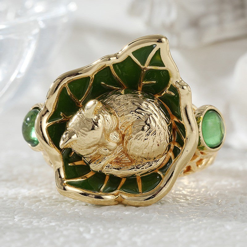 Sleeping Cat Leaf Ring